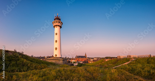 Panoramic view on the Lighthouse of Egmond aan Zee  a coastal village in North Holland  The Netherlands