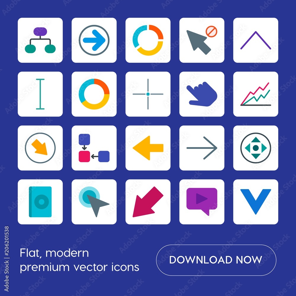 Modern Simple Set of arrows, charts, video, cursors Vector flat Icons. Contains such Icons as  music,  business,  diagonal, right, arrow,  up and more on blue background. Fully Editable. Pixel Perfect