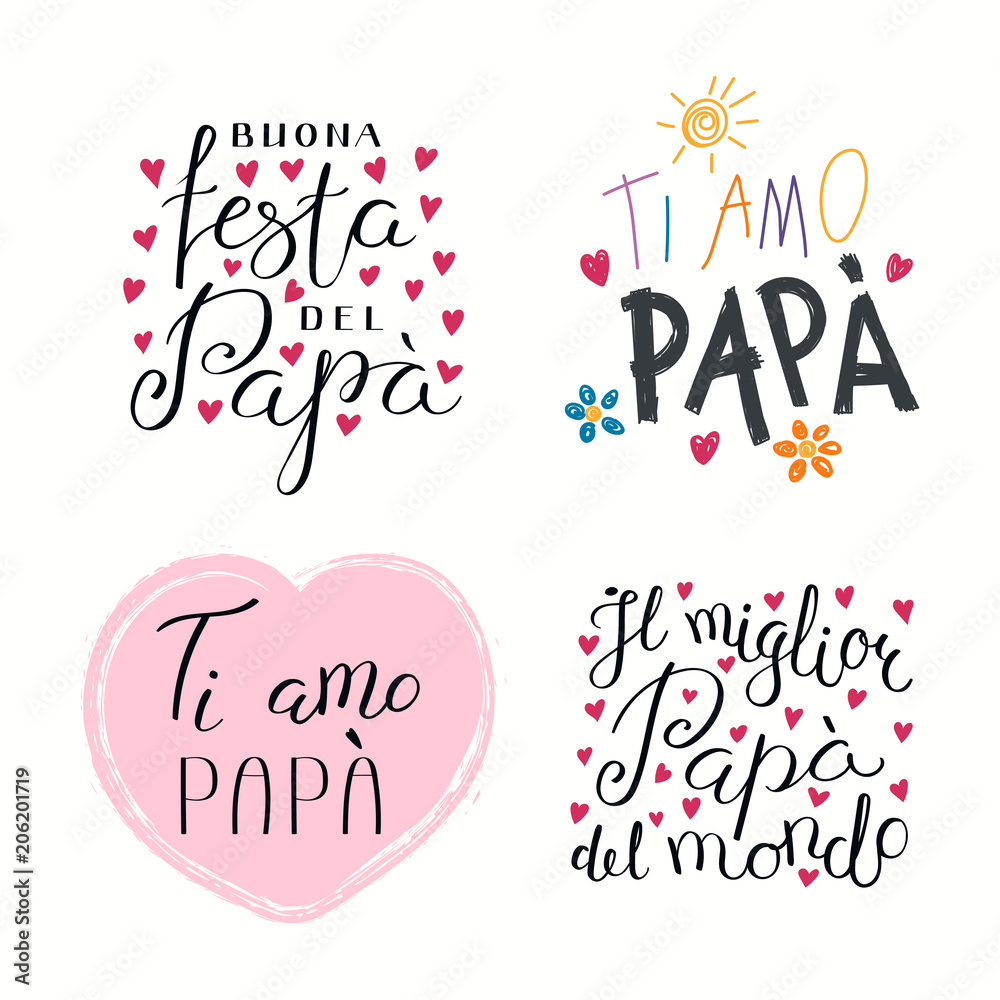 Set of hand written Fathers Day lettering quotes, with hearts, childish  drawings, in Italian. Isolated objects on white background. Vector  illustration. Design concept for banner, greeting card. Stock Vector |  Adobe Stock