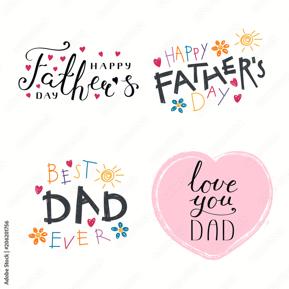 Set of hand written Fathers Day lettering quotes, with hearts, childish  drawings. Isolated objects on white background. Vector illustration. Design  concept for banner, greeting card. Stock Vector | Adobe Stock