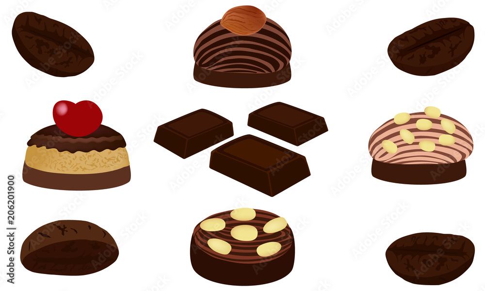 Chocolate and chocolate candies with nuts. Sweet candies isolated on white background. Vector illustration. Chocolate and chocolate candies with nuts. Sweet candies isolated on white background. Vector illustration.