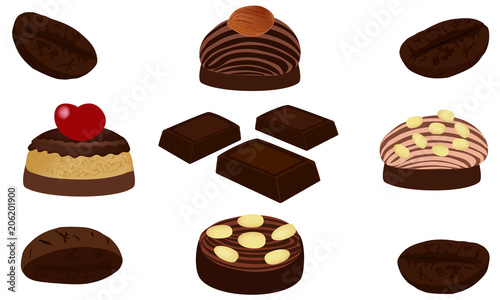 Chocolate and chocolate candies with nuts. Sweet candies isolated on white background. Vector illustration.