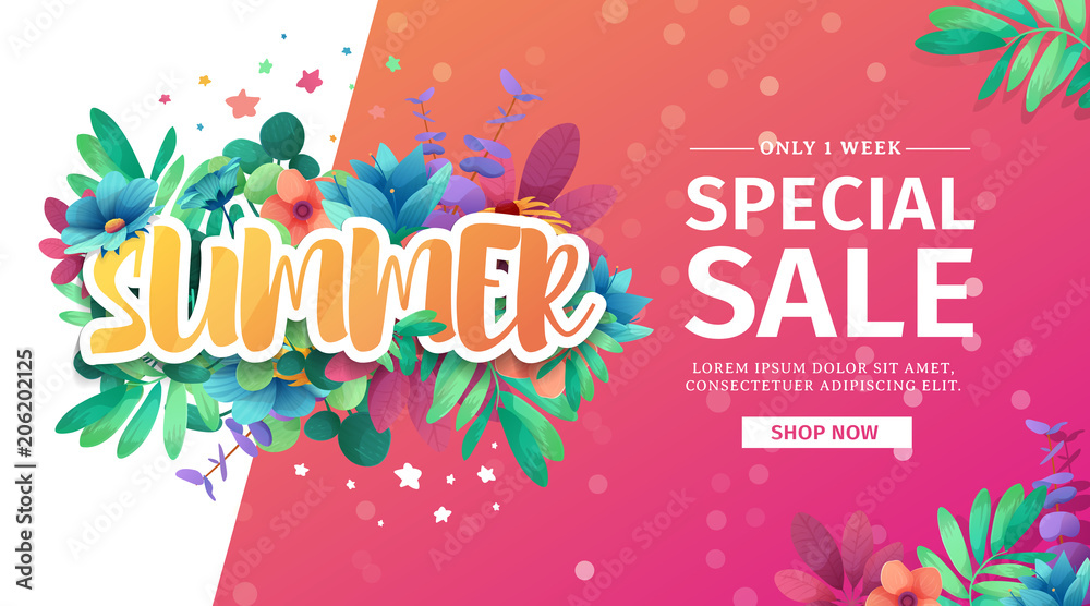 Naklejka premium Template design banner for summer offer. Special sale flyer advertising with floral frame and flower summer logo. Web offer on pink background. Vector