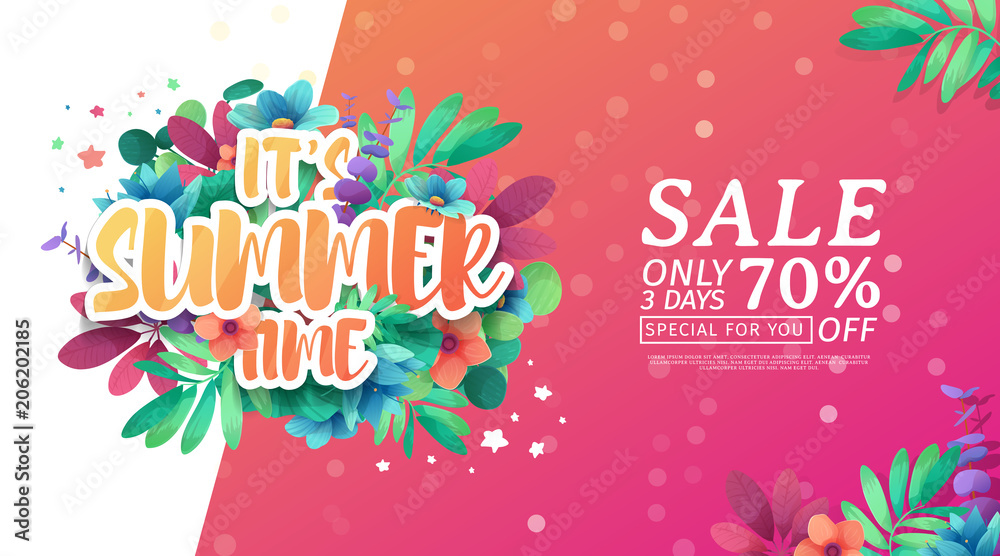 Naklejka premium Template design banner for summer offer. Special sale advertising with floral frame and flower It's summer time logo. Pink background. Vector