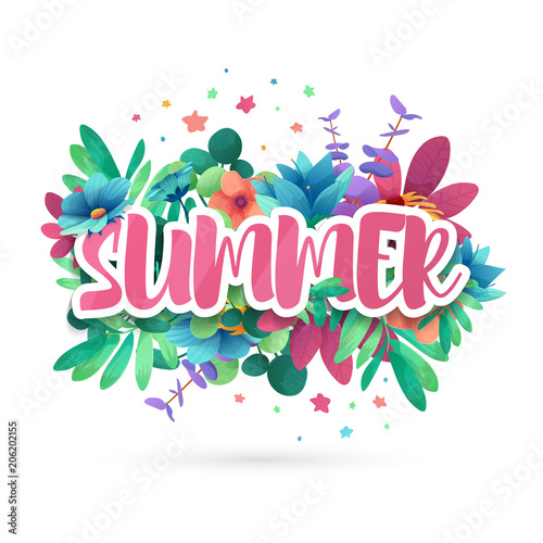 Design symbol for summer. Banner with flower and leaf for summer promotion.  Nature floral decoration layout template. Vector