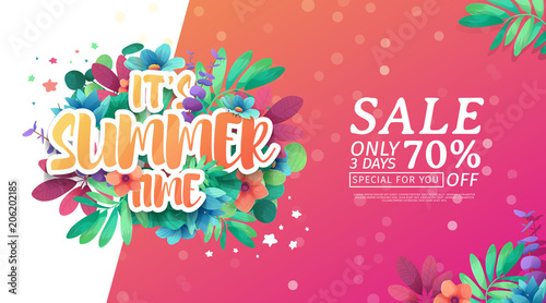 Template design banner for summer offer. Special sale advertising with floral frame and flower  It's summer time logo. Pink background. Vector
