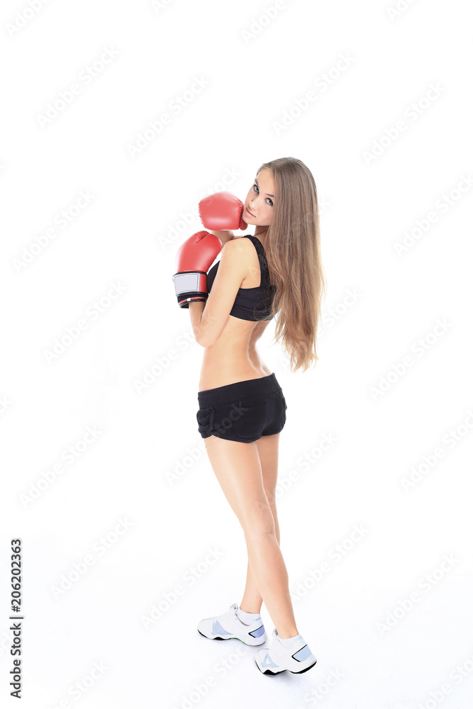 portrait of young fitness woman in red Boxing gloves portrait of young fitness woman in red Boxing gloves