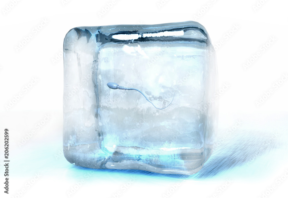 3d illustration of a sperm cell frozen into ice cube 3d illustration of a sperm cell frozen into ice cube