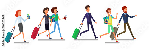 Tourist man and woman running. Traveling people in trip wear with luggage hurry, late for plane or registration. Front, rear view. Vector flat style cartoon illustration, isolated, white background