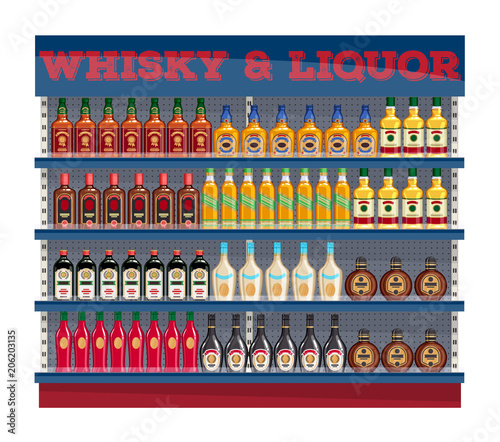 Supermarket shelf display with whisky and liquors.