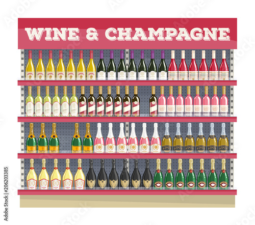 Supermarket shelf display with wine and champagne.