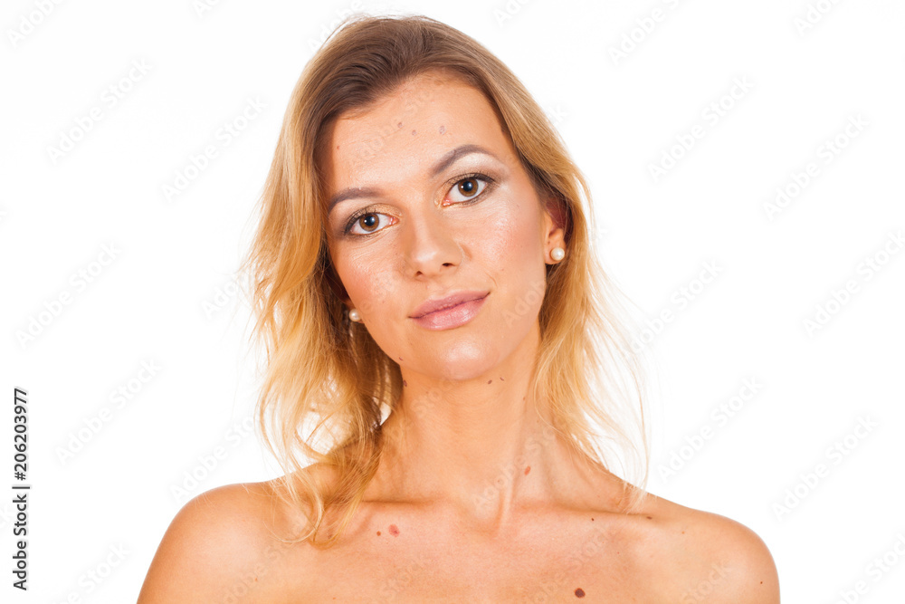 Make up style. Young woman with moles on her face - without retouching Make up style. Young woman with moles on her face - without retouching