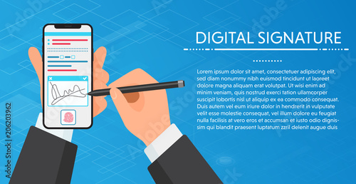Businessman Hands signing Digital signature on modern smartphone. Vholding a phone for signature. Vector concept.