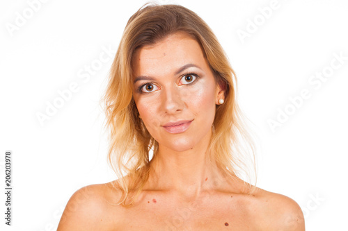 Make up style. Young woman with moles on her face - without retouching