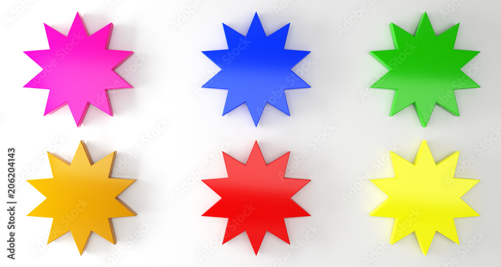 Multiple Colored Empty Star Shaped Badges On Surface With Soft Shadow. 3D Rendering Multiple Colored Empty Star Shaped Badges On Surface With Soft Shadow. 3D Rendering