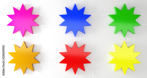 Multiple Colored Empty Star Shaped Badges On Surface With Soft Shadow. 3D Rendering