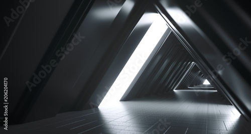 Futuristic Realistic Sci-FI Corridor With White Lights And Reflections. 3D Rendering