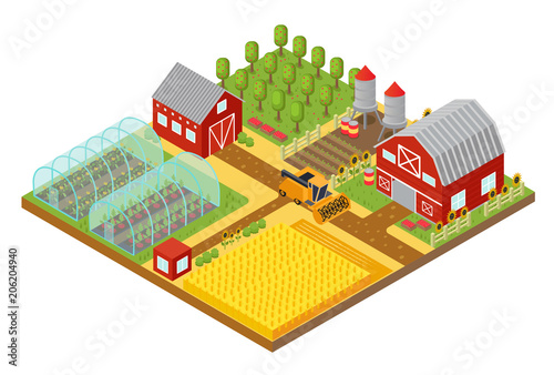 Rural 3d farm isometric template with garden, field farmer house and greenhouse game or app vector illustration.
