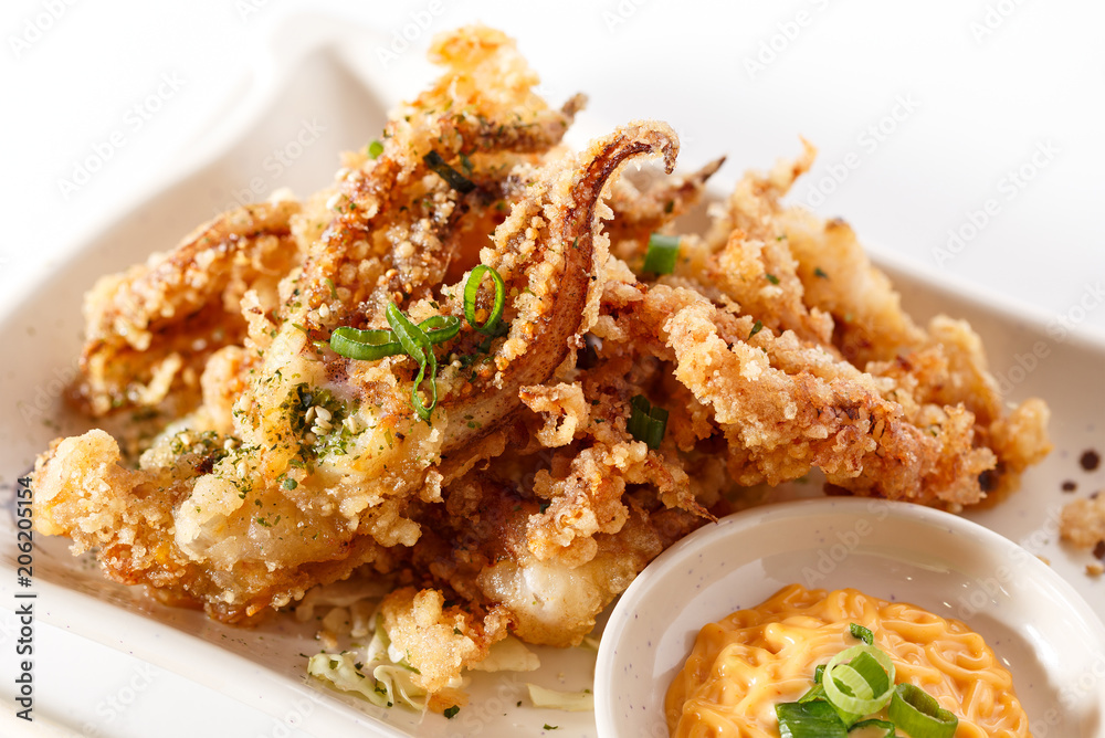 Fried Squid Tempura with Dipping Sauce Stock Photo | Adobe Stock