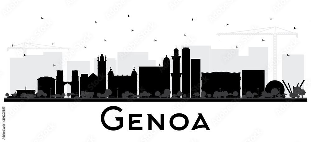 Obraz premium Genoa Italy City Skyline with Black Buildings Isolated on White.