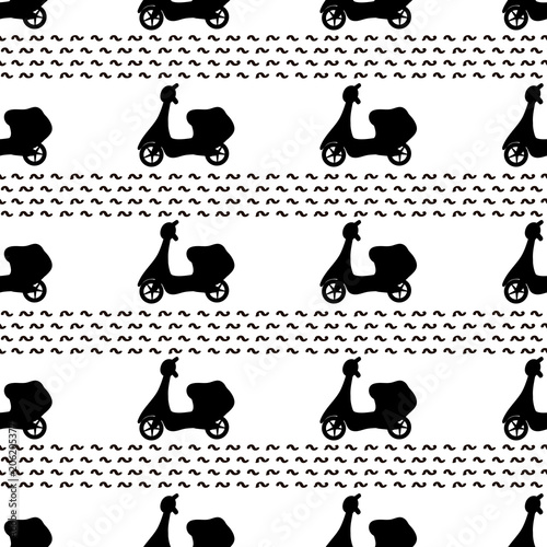 Seamless pattern with black mopeds on the white background.
