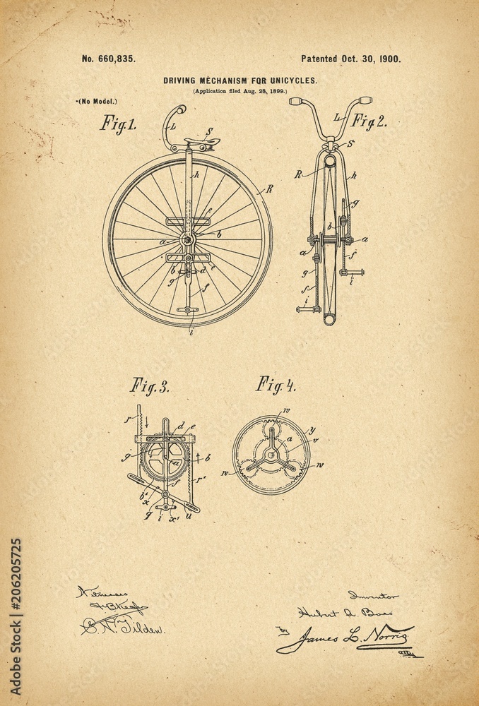 1900 Patent Velocipede Bicycle Unicycle history invention