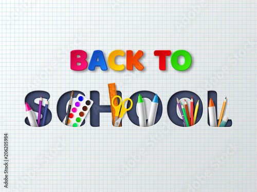 Back to school typography design with realistic school supplies. Paper cut style letters on white background. Vector illustration.