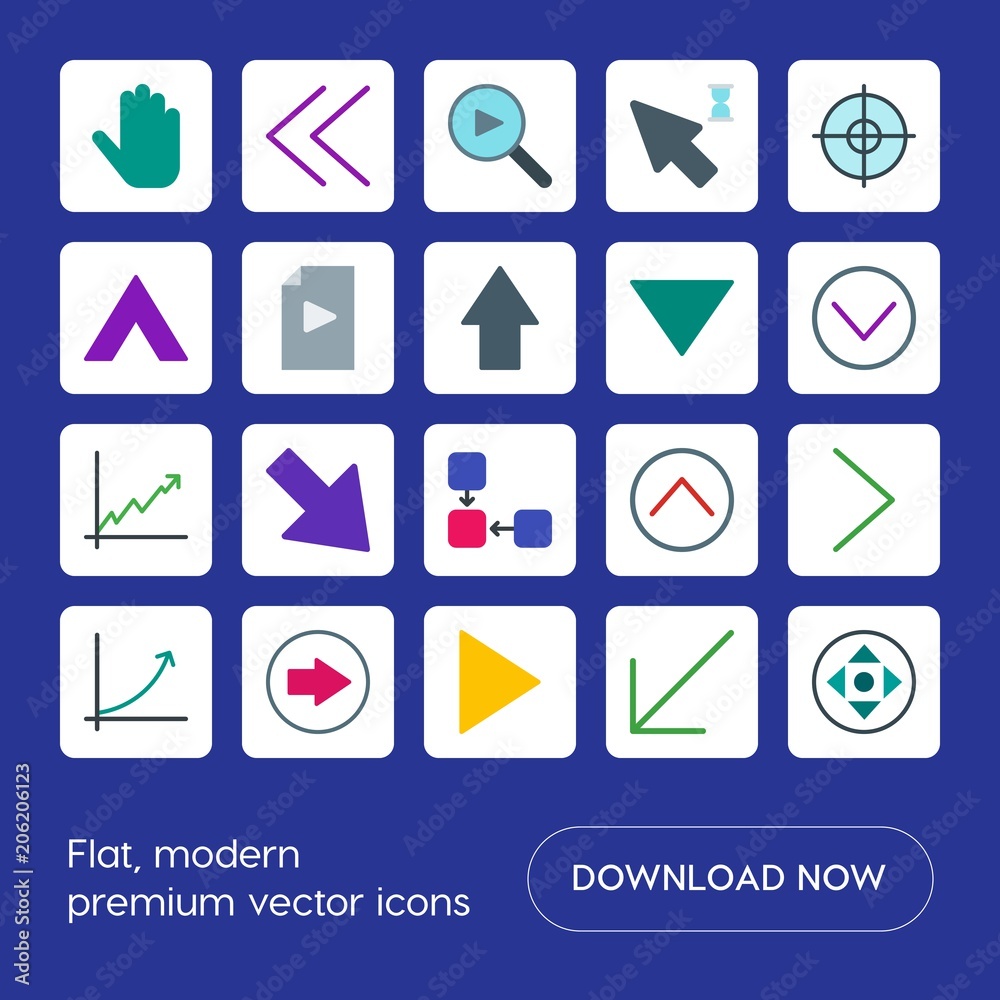 Modern Simple Set of arrows, charts, video, cursors Vector flat Icons. Contains such Icons as  sign,  finger, diagonal, circle, arrow,  media and more on blue background. Fully Editable. Pixel Perfect