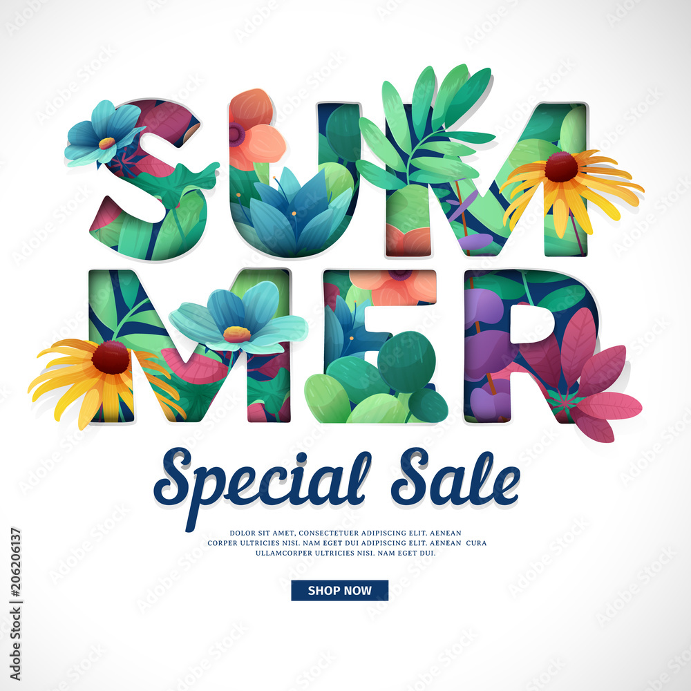 Fototapeta premium Design special sale print for summer season. Logo with flower, leaf, herb and branch decoration. Text Summer cut paper style for season offer. Vector 