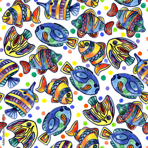 Aquarium, river, lake, merry, rainbow, colorful fish in the water. Watercolor. Illustration