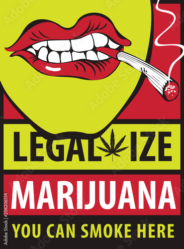 Vector banner with words Legalize marijuana with a human mouth with a joint or a cigarette in his mouth. Smoking weed. Drug consumption