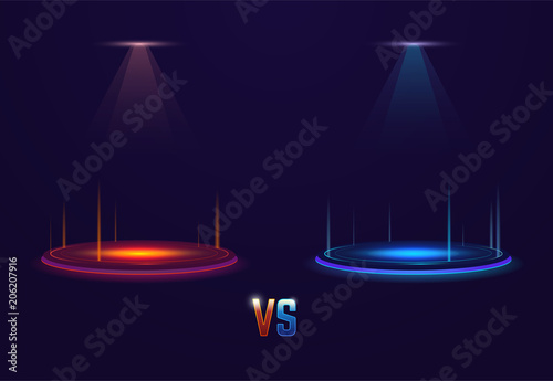 Versus glowing pedestal with glowing flares. Battle or competition concept template. Red and blue neon glowing circles on the floor. Shining projectors from above.