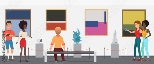 Museum visitors people in art exhibition gallery museum taking looking pictures. Vector illustration.