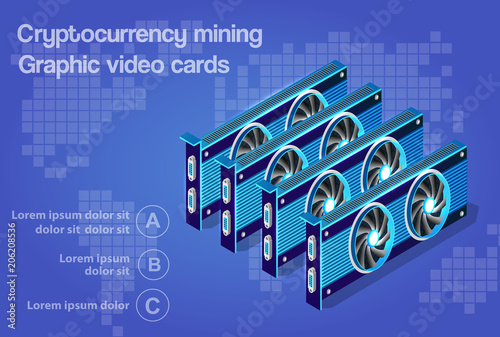 3d isometric video graphic card of an electronic server of cloud tech network connects payment technology for business concept background. Digital chip bitcoin farm set illustration.