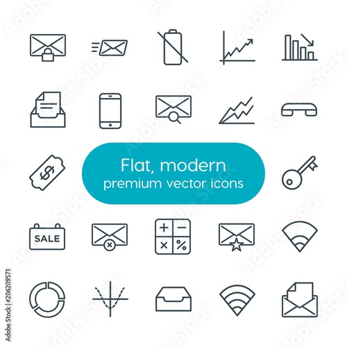 Modern Simple Set of business, charts, mobile, email Vector outline Icons. Contains such Icons as  door, private,  graph,  battery, parabola and more on white background. Fully Editable. Pixel Perfect