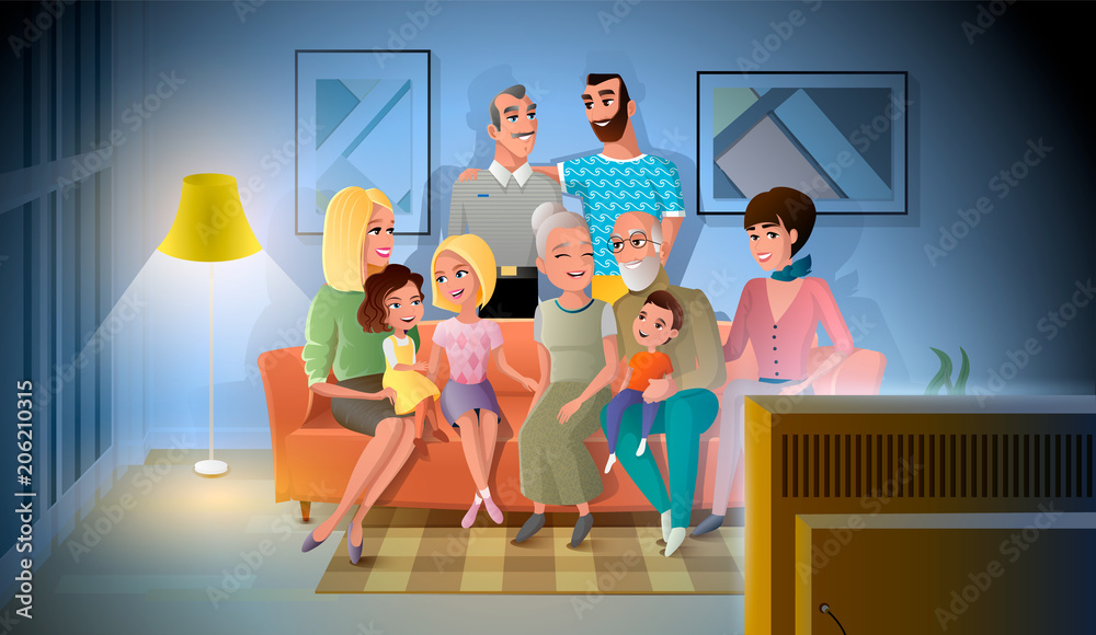 Three Generations of Big Family Talking and Spending Time Together while  Sitting on Coach in Living Room. Large Happy Family Gathered Together at  Home in Evening Cartoon Vector. Family Values Concept Stock