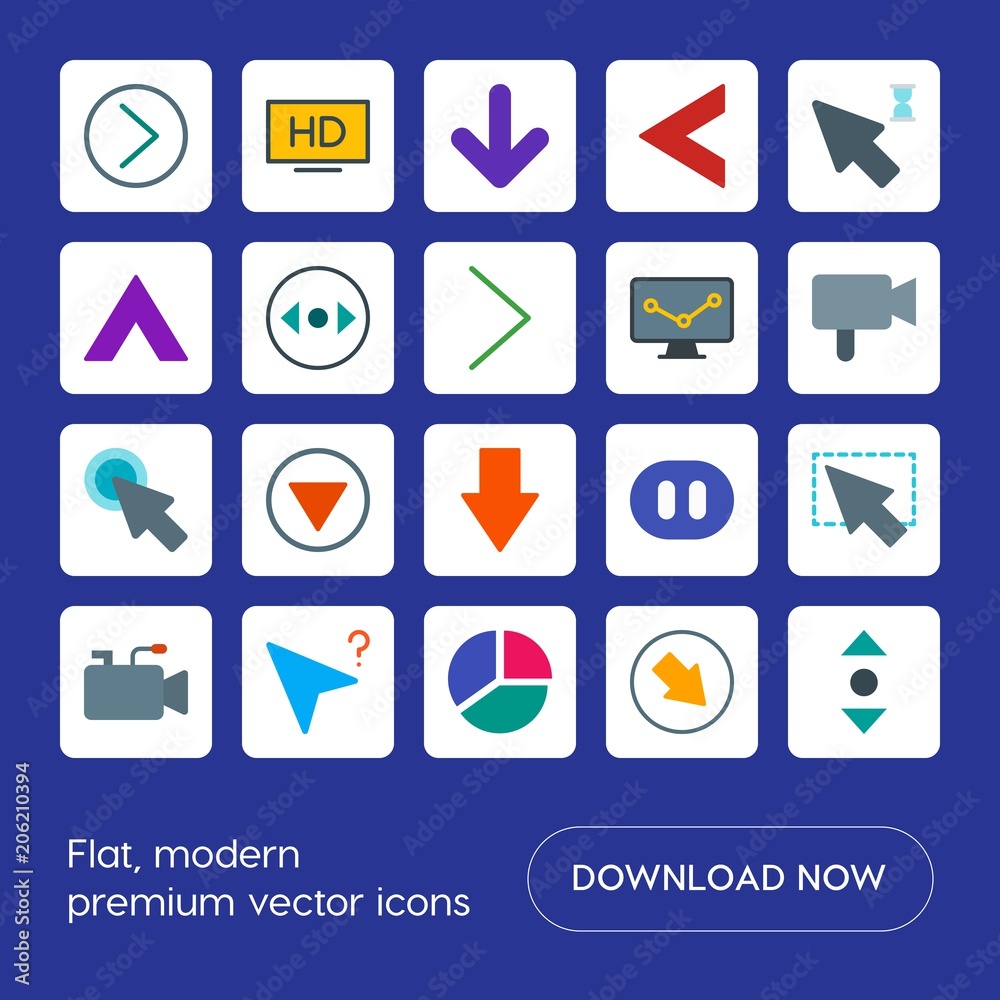 Modern Simple Set of arrows, charts, video, cursors Vector flat Icons. Contains such Icons as next, circle, cursor, chart, camera, arrow and more on blue background. Fully Editable. Pixel Perfect Modern Simple Set of arrows, charts, video, cursors Vector flat Icons. Contains such Icons as next, circle, cursor, chart, camera, arrow and more on blue background. Fully Editable. Pixel Perfect