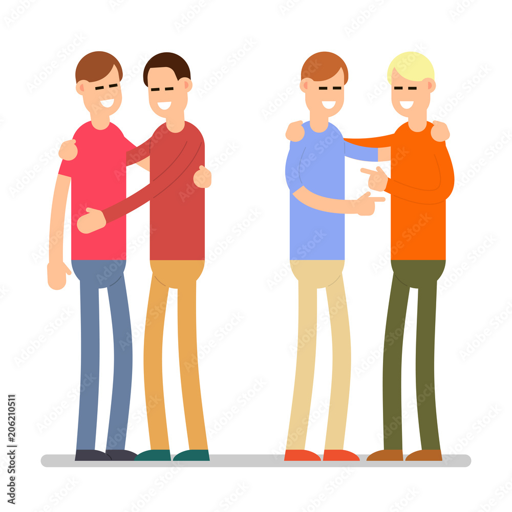 Set people happy isolated. Young happy man standing and hugging each other. Cartoon illustration on white background in flat style Set people happy isolated. Young happy man standing and hugging each other. Cartoon illustration on white background in flat style