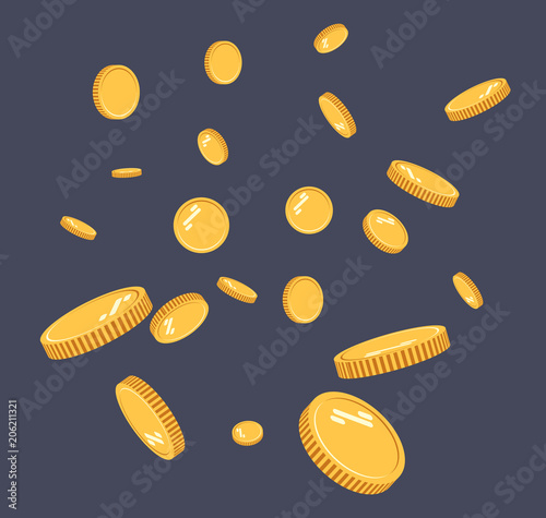 Gold coins explosion flat vector. Gold coins Pattern with the effect floating in the air in a cartoon style for designers . Successful financial planning, profitable small businesses.