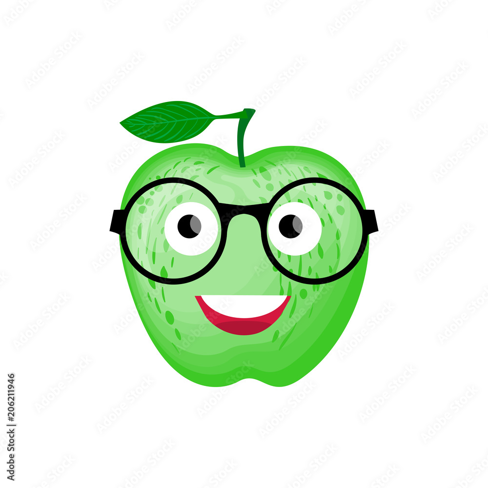 Back to school illustration. Vector Character green Apple with glasses smiling. Back to school illustration. Vector Character green Apple with glasses smiling.