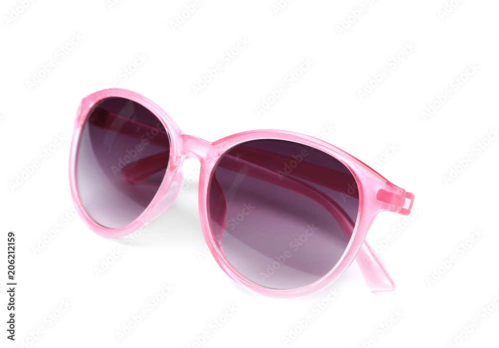 Beautiful sunglasses on white background. Beach object Beautiful sunglasses on white background. Beach object
