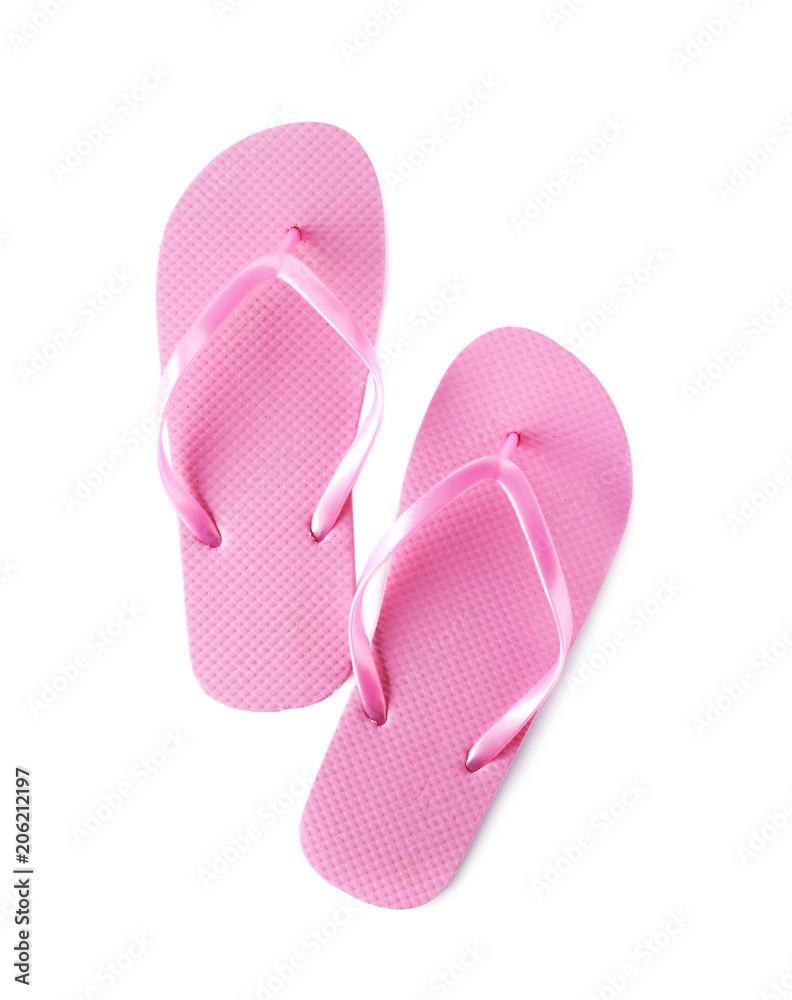 Bright flip flops on white background. Beach object Bright flip flops on white background. Beach object