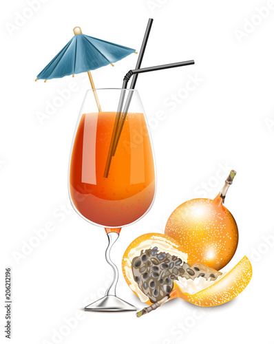 Granadilla fruit cocktail Vector. Realistic summer drink tropic juice 3d illu...