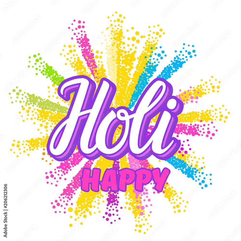 Vector Happy Holi card. Indian holiday invitation with bright multicolored colorful splashes and stains texture.
