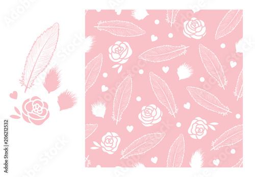 Vector Abstract Lovely feathers seamless pattern. Hand drawing feathers and fluff bird with flowers.