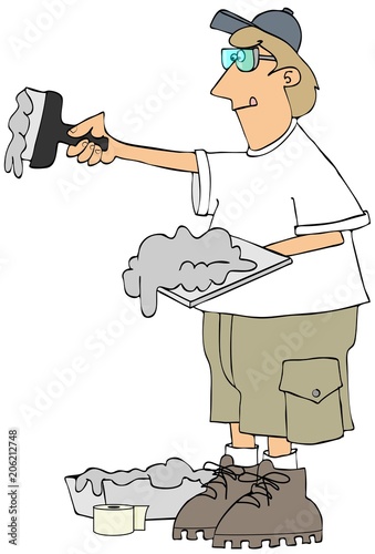 Illustration of a man wearing shorts applying joint compound to drywall with a taping knife.