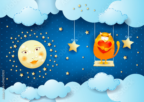 Surreal night with moon, swing and cat