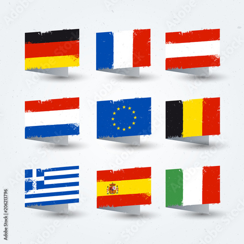 Vector Illustration colorful brush strokes painted world, european countries flags texture icons set. 