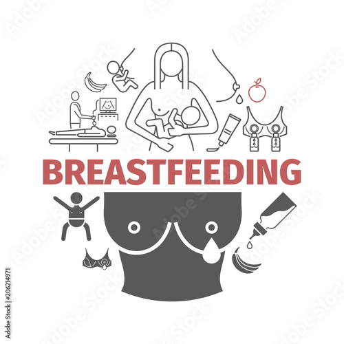 Breastfeeding line icons set. lactating mother infographic. Vector signs for web graphics.