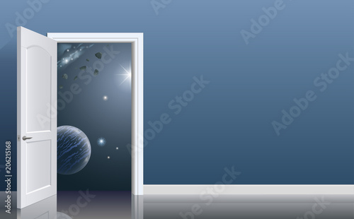Open doors in space. Room of the space hotel. Concept. Space travel